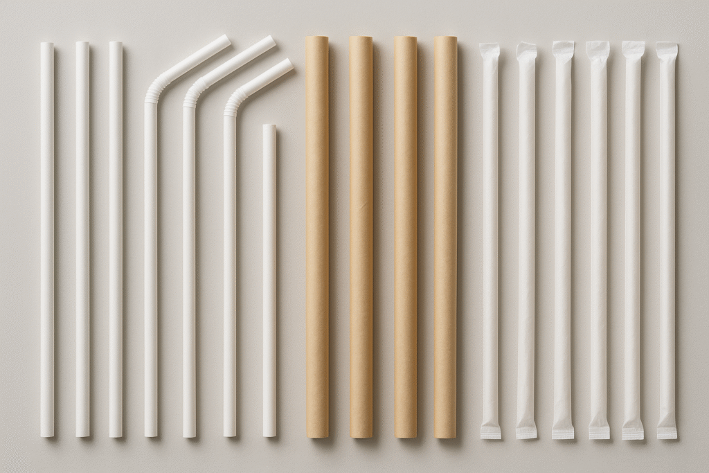 Variety of white and brown drinking straws.