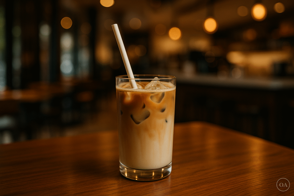 Iced coffee with straw on wooden table.