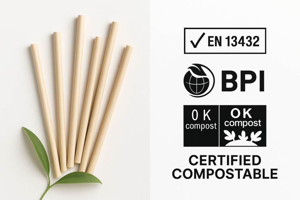Biodegradable straws with certified compostable logos