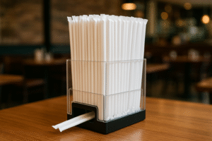 Straw dispenser on wooden table in restaurant