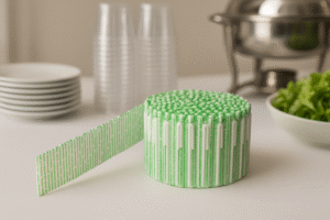 Green cutlery set roll on table.