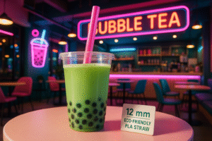 Green bubble tea in café with eco-friendly straw.