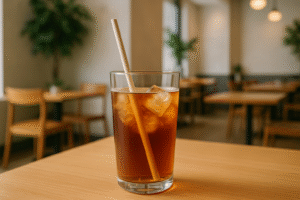 Glass of iced tea on cafe table.