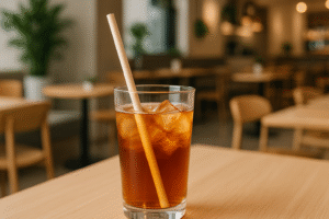 Iced tea with straw on cafe table.