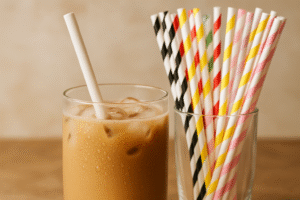 Iced coffee with paper straw and colorful straws