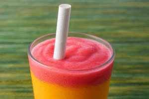 Colorful smoothie with a straw in glass.