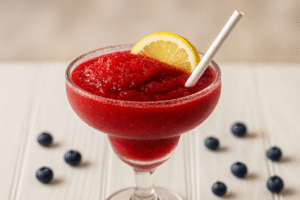 Strawberry smoothie with lemon slice and straw.