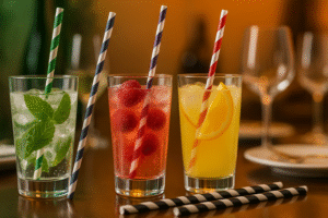 Three refreshing fruit cocktails with colorful straws