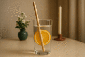 Glass of water with orange slice and straw