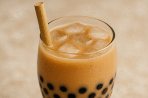Iced bubble tea with straw and tapioca pearls.