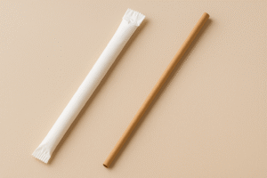 Paper straw and wrapper on beige background.