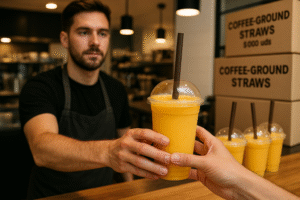 Barista serving smoothie with eco-friendly straw.
