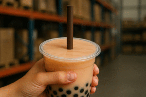 Hand holding bubble tea in warehouse