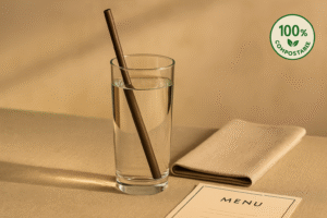 Glass of water with compostable straw and napkin