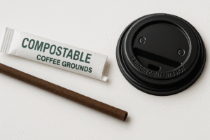 Compostable coffee grounds, black lid, eco-friendly straw.