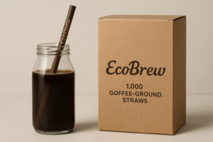 EcoBrew coffee-ground straws with drink and box