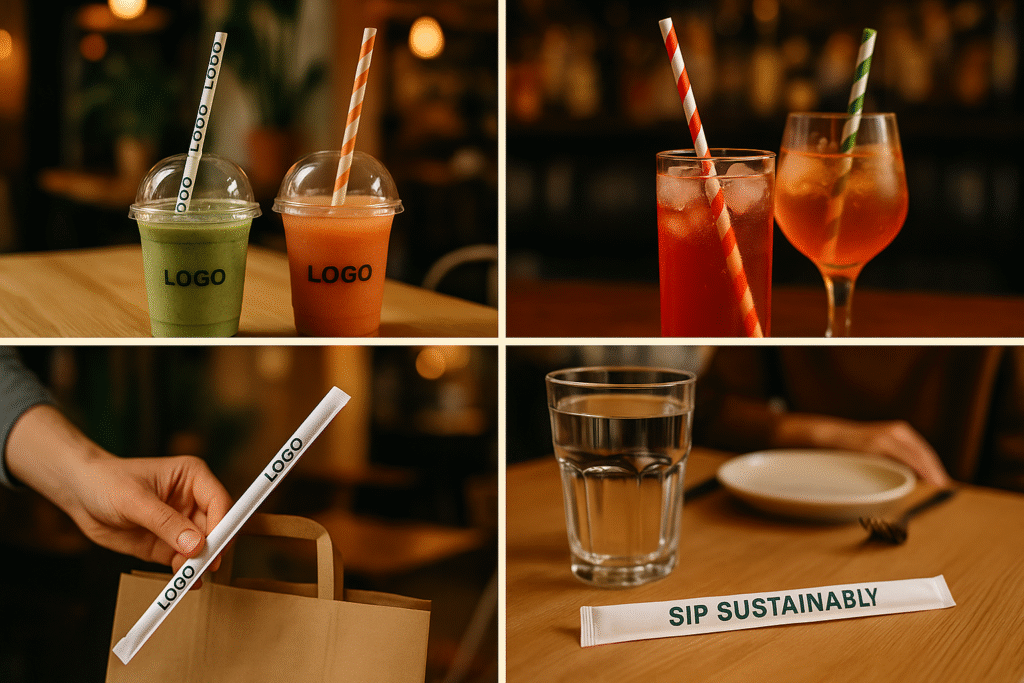 Four drinks with sustainable straws on table