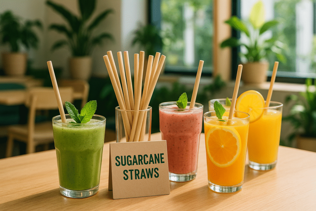 Colorful juices with sugarcane straws on table