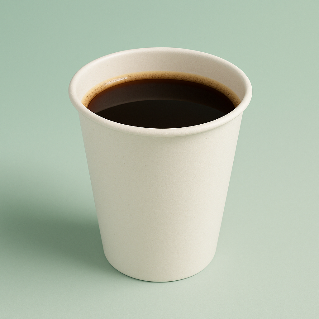 Paper cup with black coffee on green background.