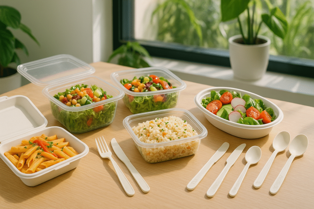 Assorted salads and pasta in containers on table