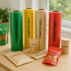 Various colorful compostable packaging on display.