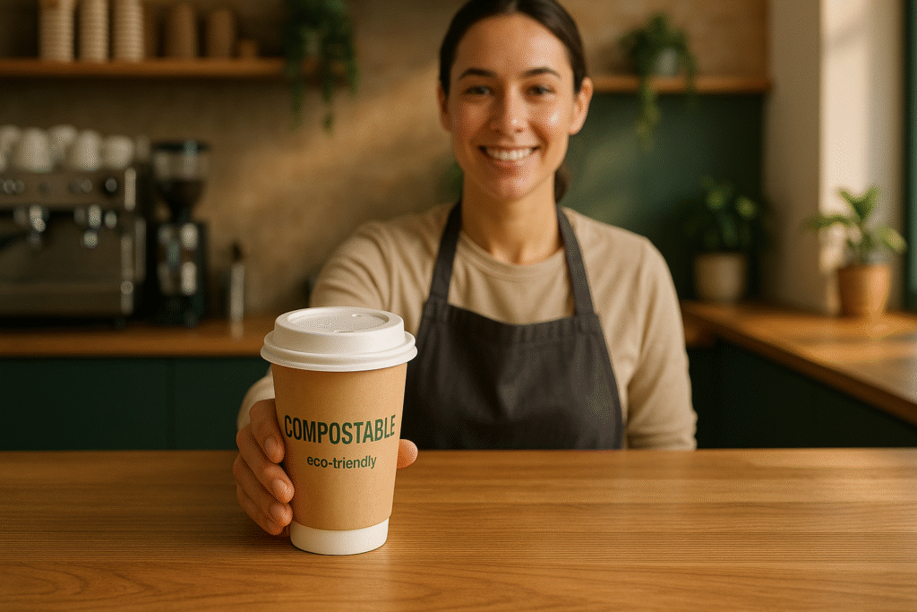 Barista offering compostable coffee cup