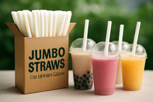 Beverage cups with jumbo straws and drinks.