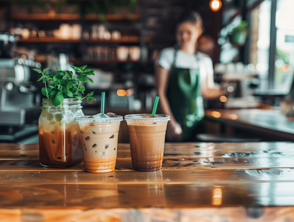 Iced coffee on cafe counter with barista.