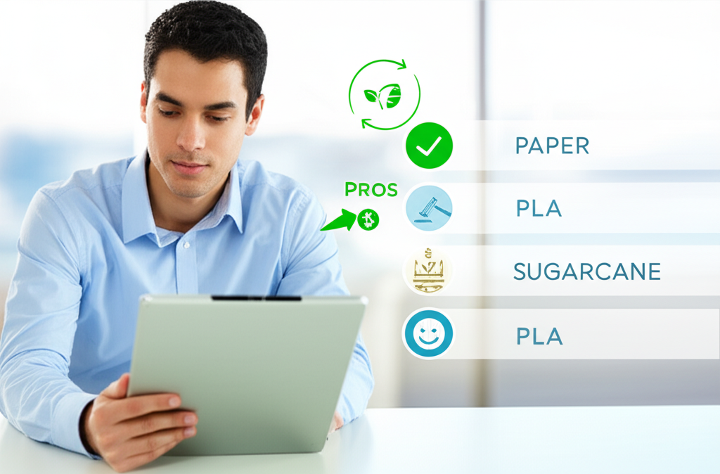 Illustration of a person holding a biodegradable straw in a cafe setting